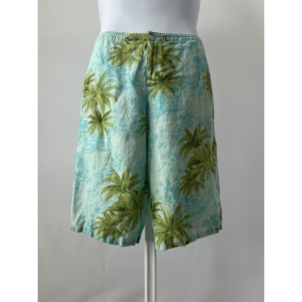 Tommy Bahama Women Size 8 Linen Shorts Bermuda Length Blue Green Palm (b62)